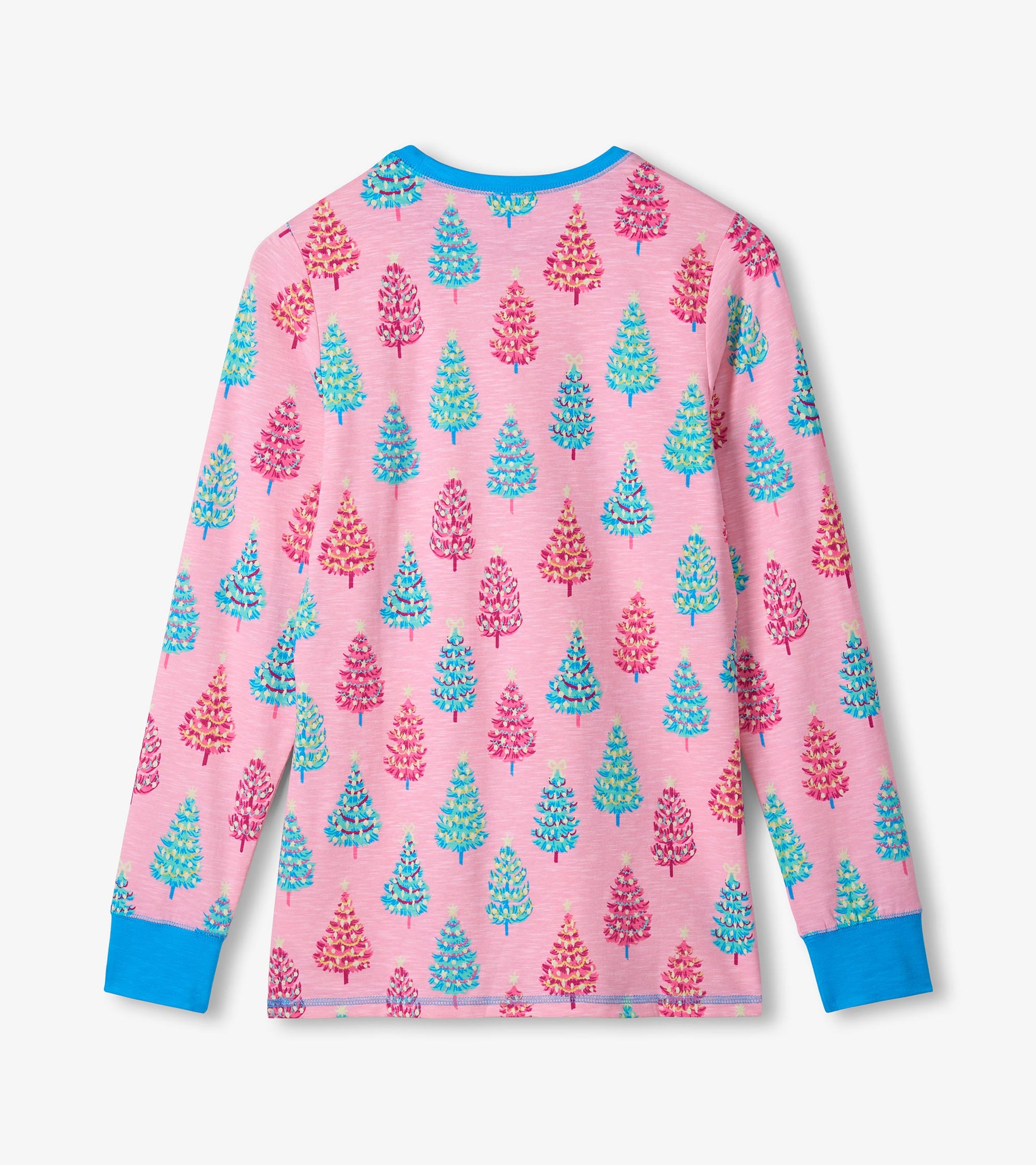 Pink cotton pajama set featuring colorful bottle brush tree patterns and blue cuffs. Back view shown.