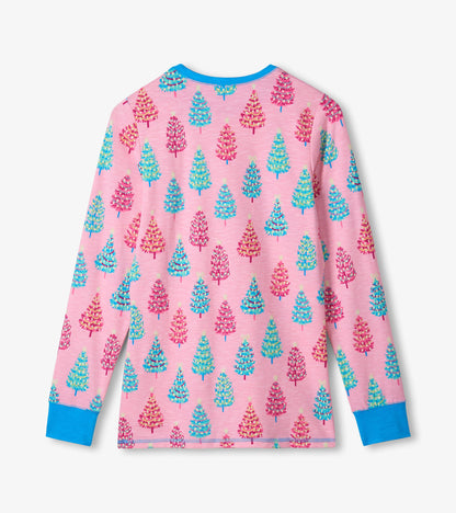 Pink cotton pajama set featuring colorful bottle brush tree patterns and blue cuffs. Back view shown.