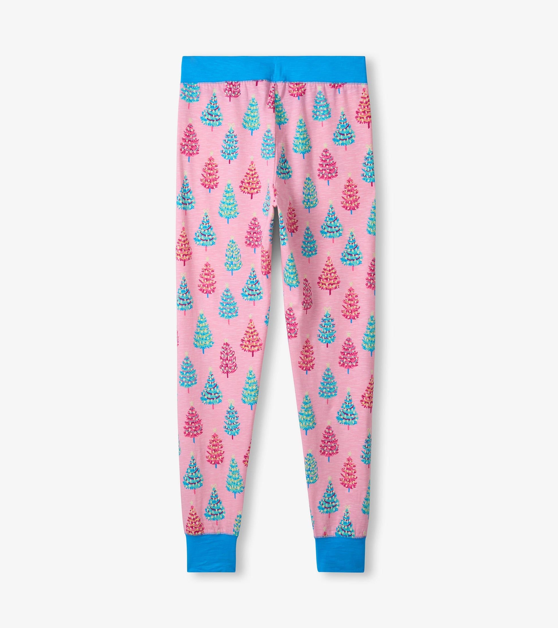 Pink cotton pajama set featuring colorful bottle brush tree patterns and a blue waistband.