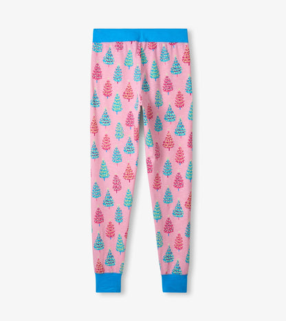 Pink cotton pajama set featuring colorful bottle brush tree patterns and a blue waistband.