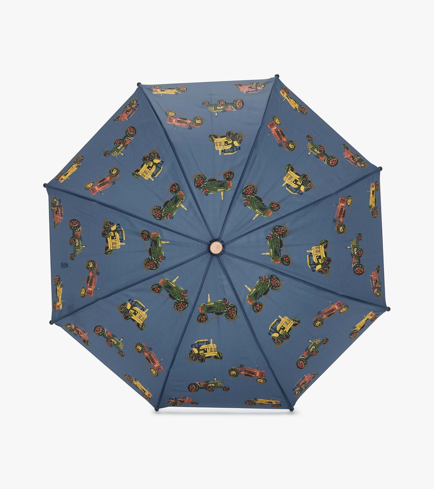 Blue umbrella featuring colorful tractor patterns, designed for boys, with a sturdy structure for outdoor use.