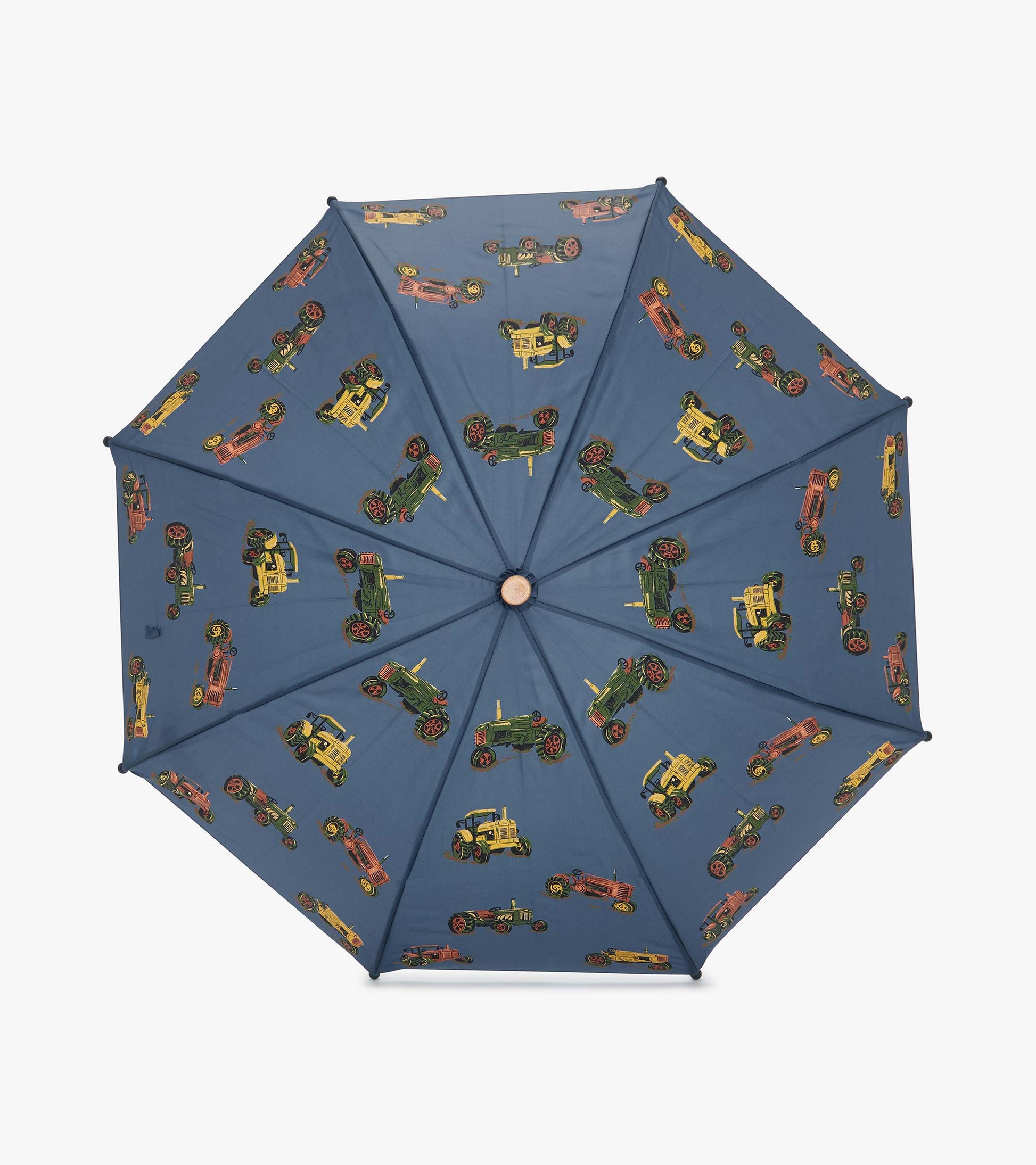 Blue umbrella featuring colorful tractor patterns, designed for boys, with a sturdy structure for outdoor use.