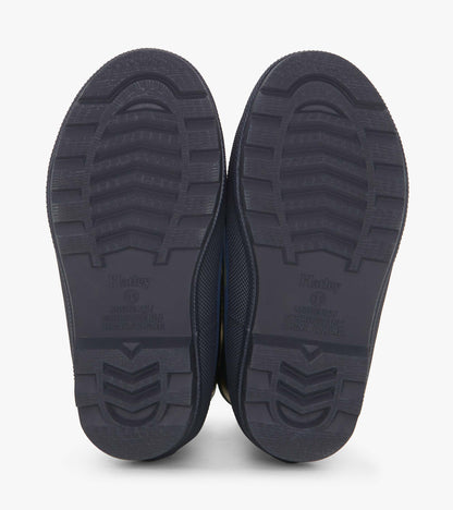 Matte navy rain boots with textured soles, designed for boys, featuring a landscape tractor pattern.