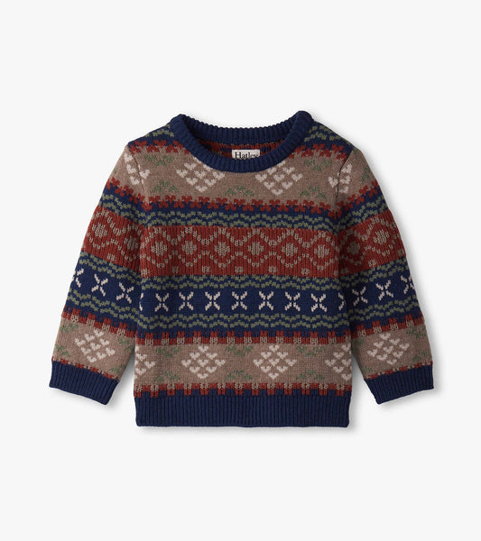 Vintage Fair Isle crew neck sweater featuring multicolored patterns in red, blue, green, and cream. Suitable for baby and to…