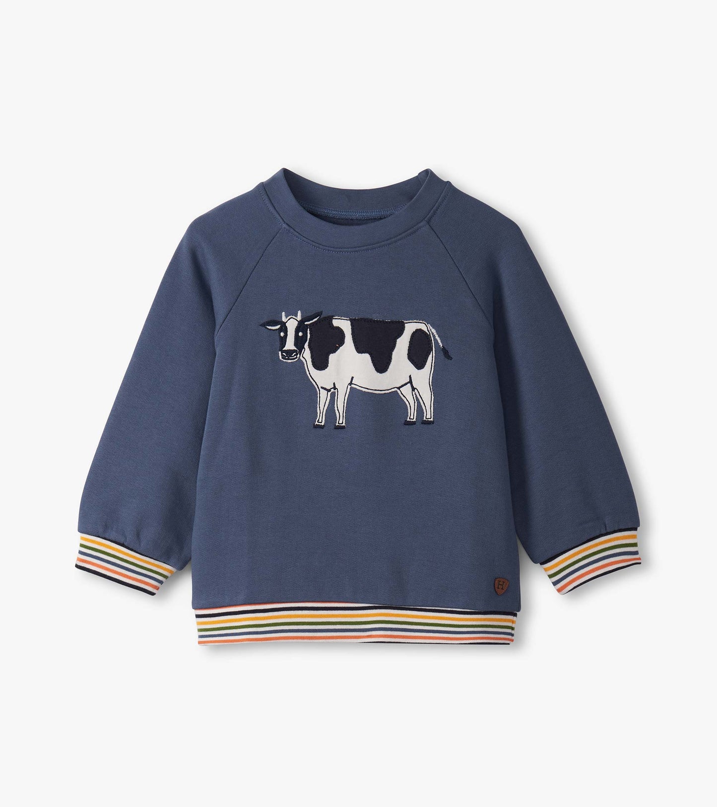Navy pullover sweatshirt for boys featuring a cow graphic and colorful striped cuffs and hem. Ideal for casual wear.