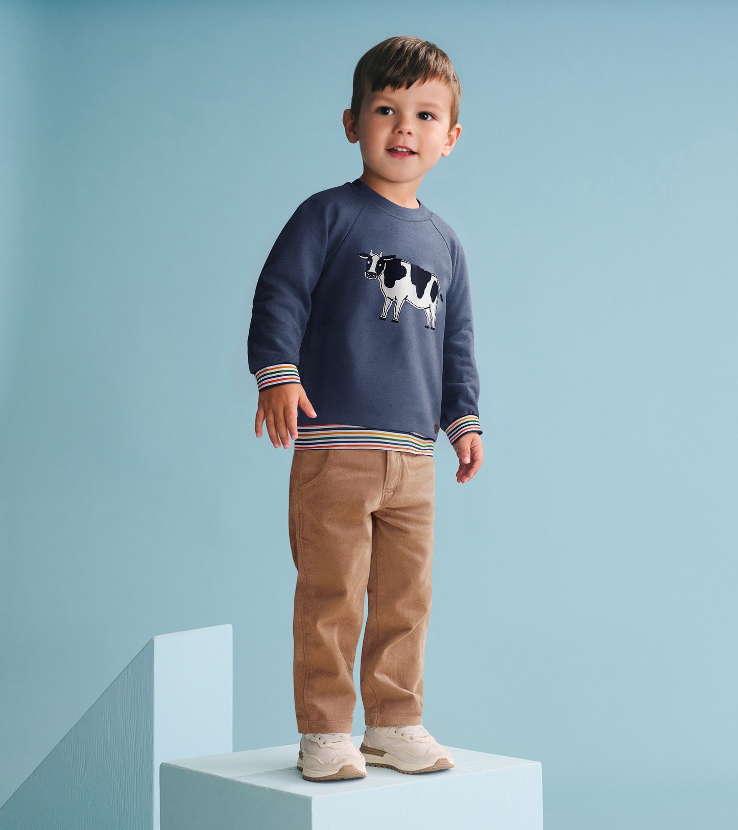 Navy pullover sweatshirt for boys featuring a cow graphic and striped cuffs, worn by a child standing on a platform.