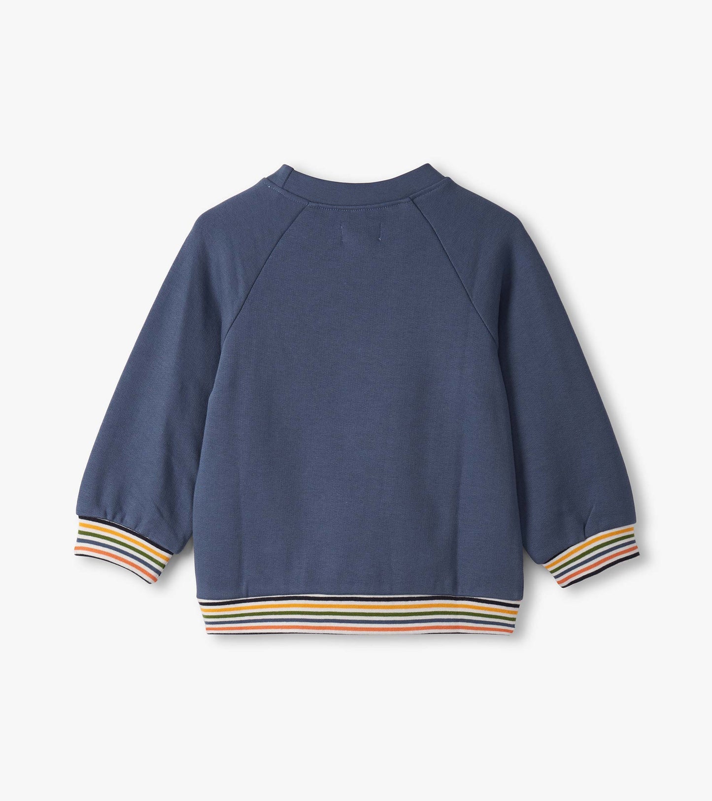 Navy pullover sweatshirt for baby and toddler boys with colorful striped cuffs and hem. Back view shown.