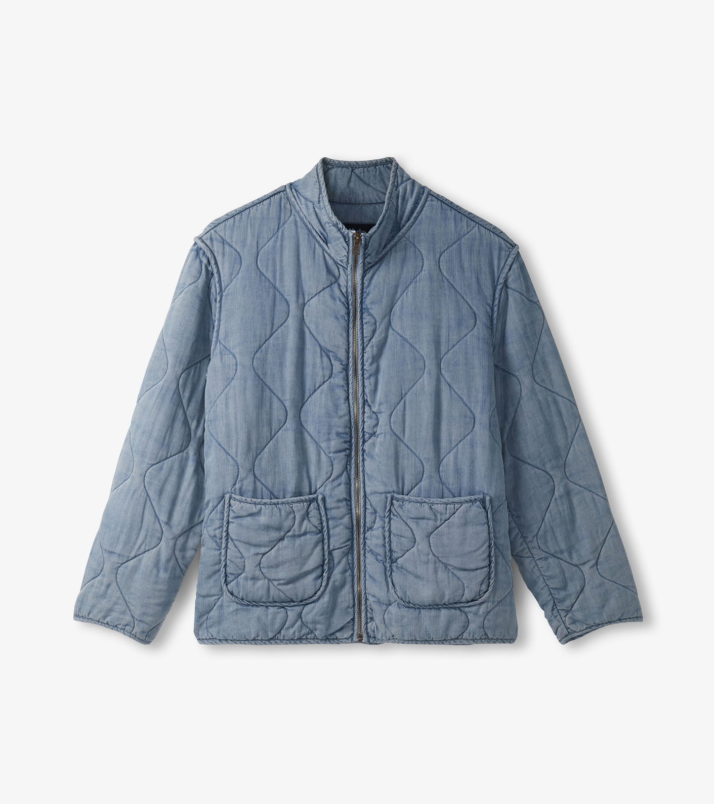 Quilted jacket in washed blue Tencel with a zip front and two patch pockets.
