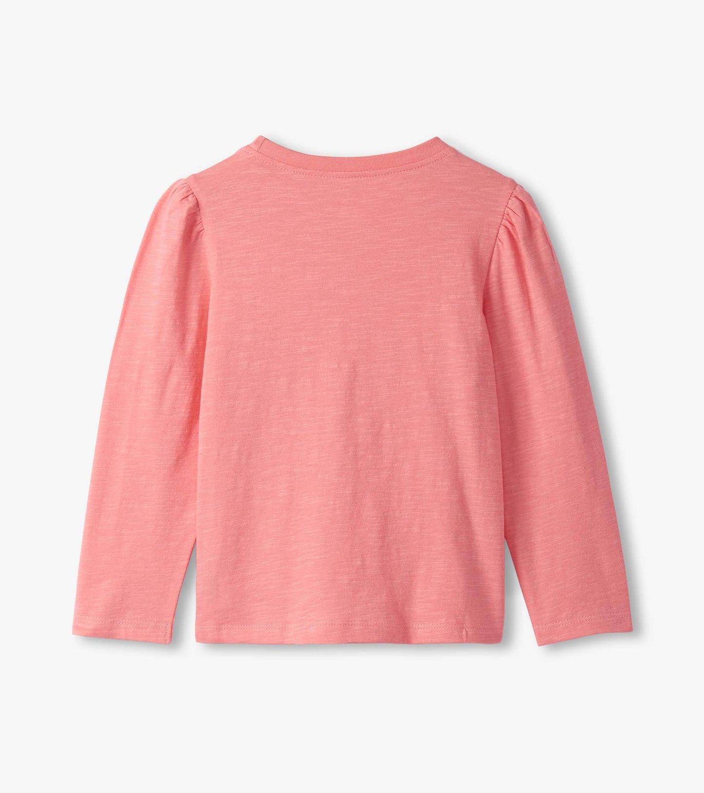 Back view of a pink long-sleeve tee with puff sleeves, featuring a soft, lightweight fabric.