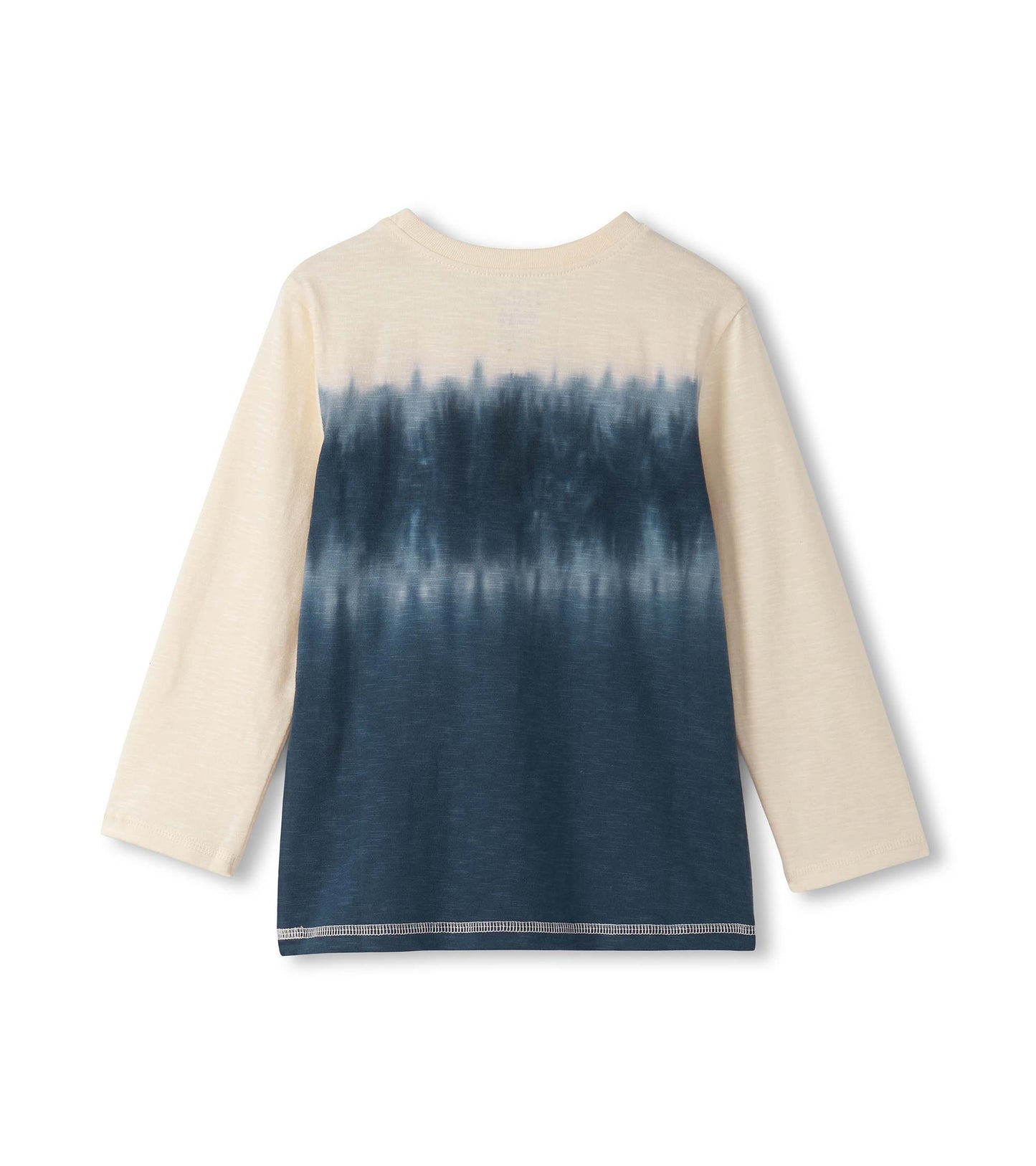 Long sleeve graphic tee in cream and navy blue with a tie-dye pattern, featuring a round neckline and soft fabric.