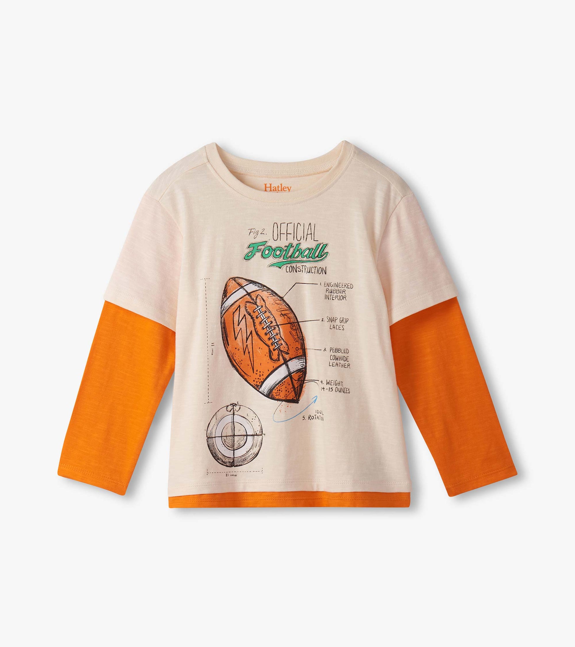 Cream long sleeve t-shirt with orange sleeves featuring a football graphic and text detailing its construction.