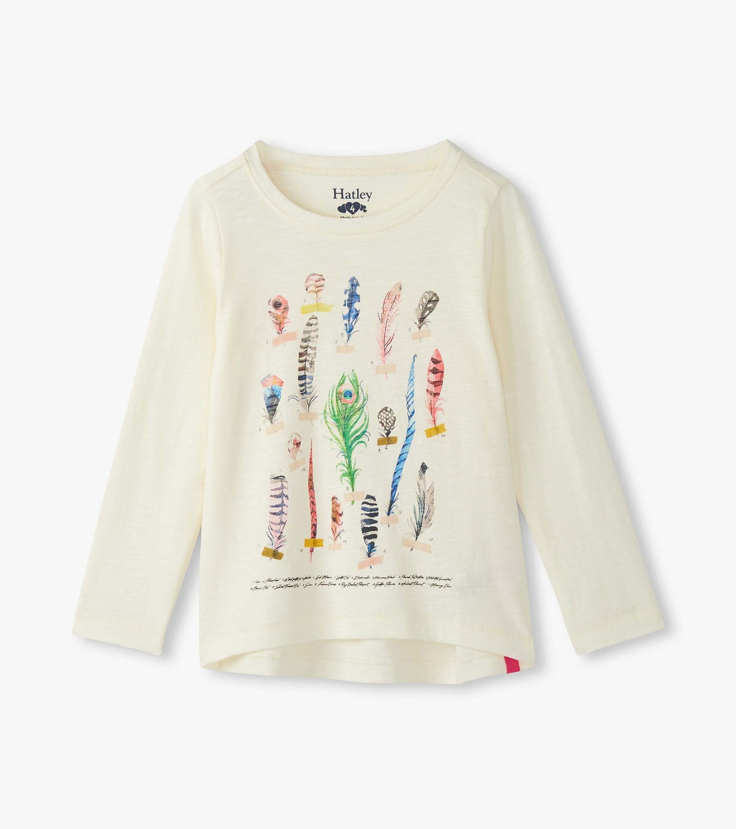 Cream long sleeve tee featuring a colorful feather graphic design on the front.