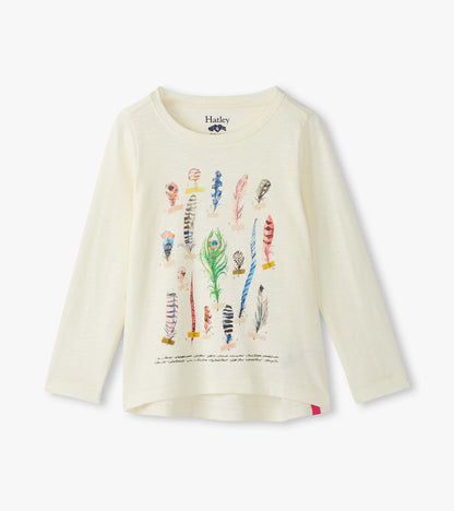 Cream long sleeve tee featuring a colorful feather graphic design on the front.