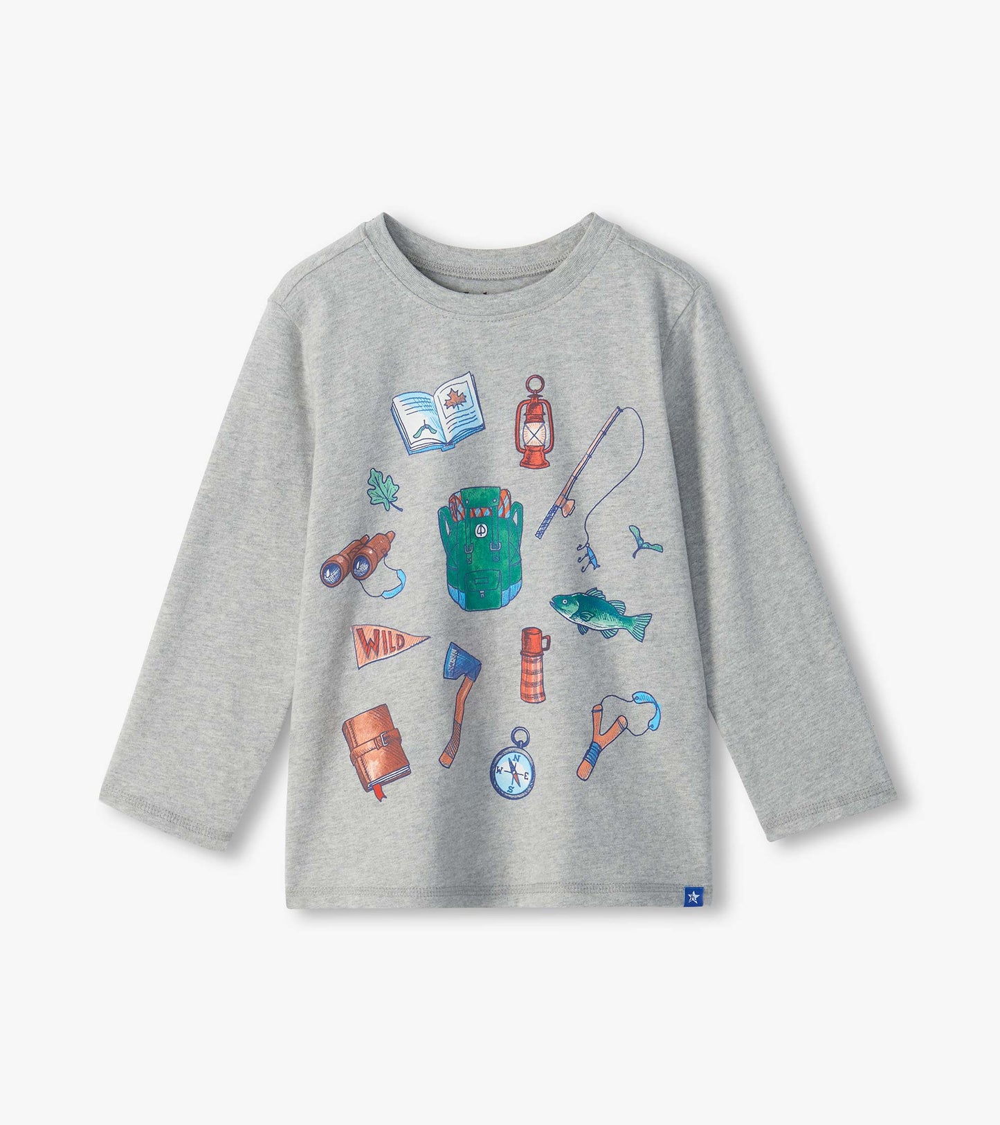 Gray crew neck long sleeve tee with colorful backpacker graphics including a backpack, lantern, fish and compass