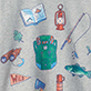 View Boys Backpacker Graphic T-Shirt White swatch with scattered colorful travel-themed doodles, including a green backpack, compass, map, camera, and pennants