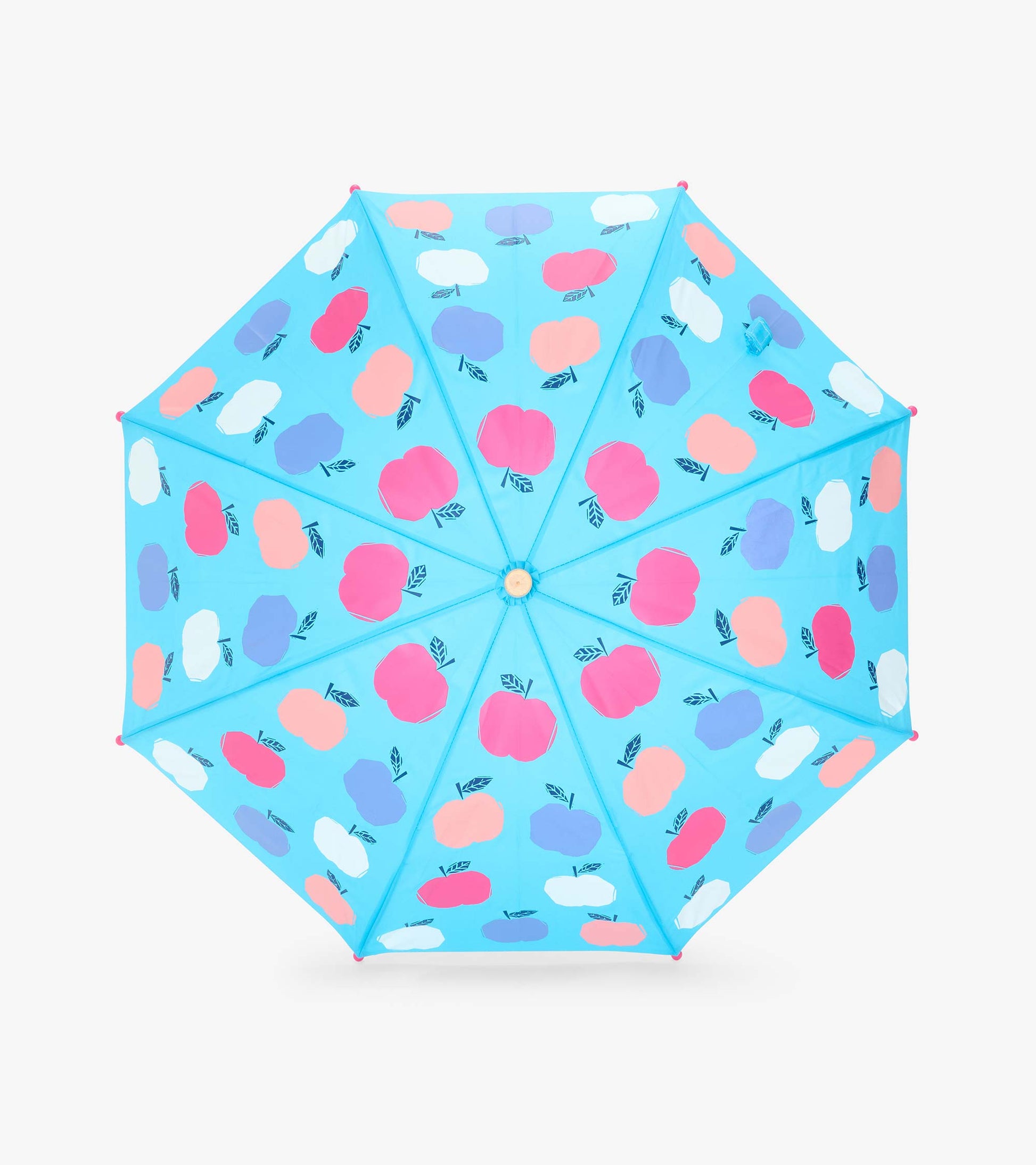 Top view of blue umbrella canopy with pink, white, and purple apple print