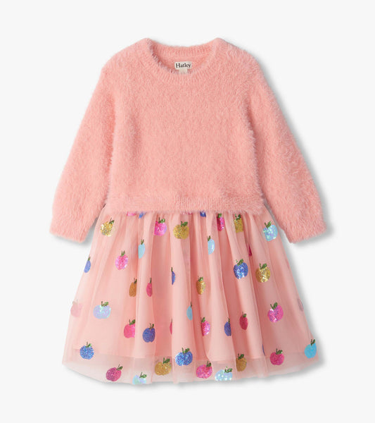 Front view of pink long-sleeve dress with fuzzy knit top and tulle skirt with colorful sequin apples