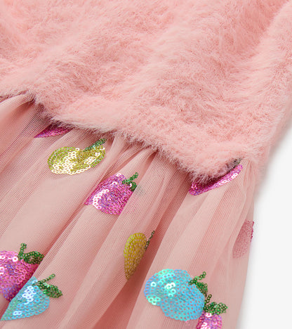 Girls Apple Orchard Sequins Fuzzy Mixed Dress