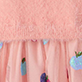 View Girls Apple Orchard Sequins Fuzzy Mixed Dress Pink fuzzy knit with scattered sequins and small colorful embroidered motifs
