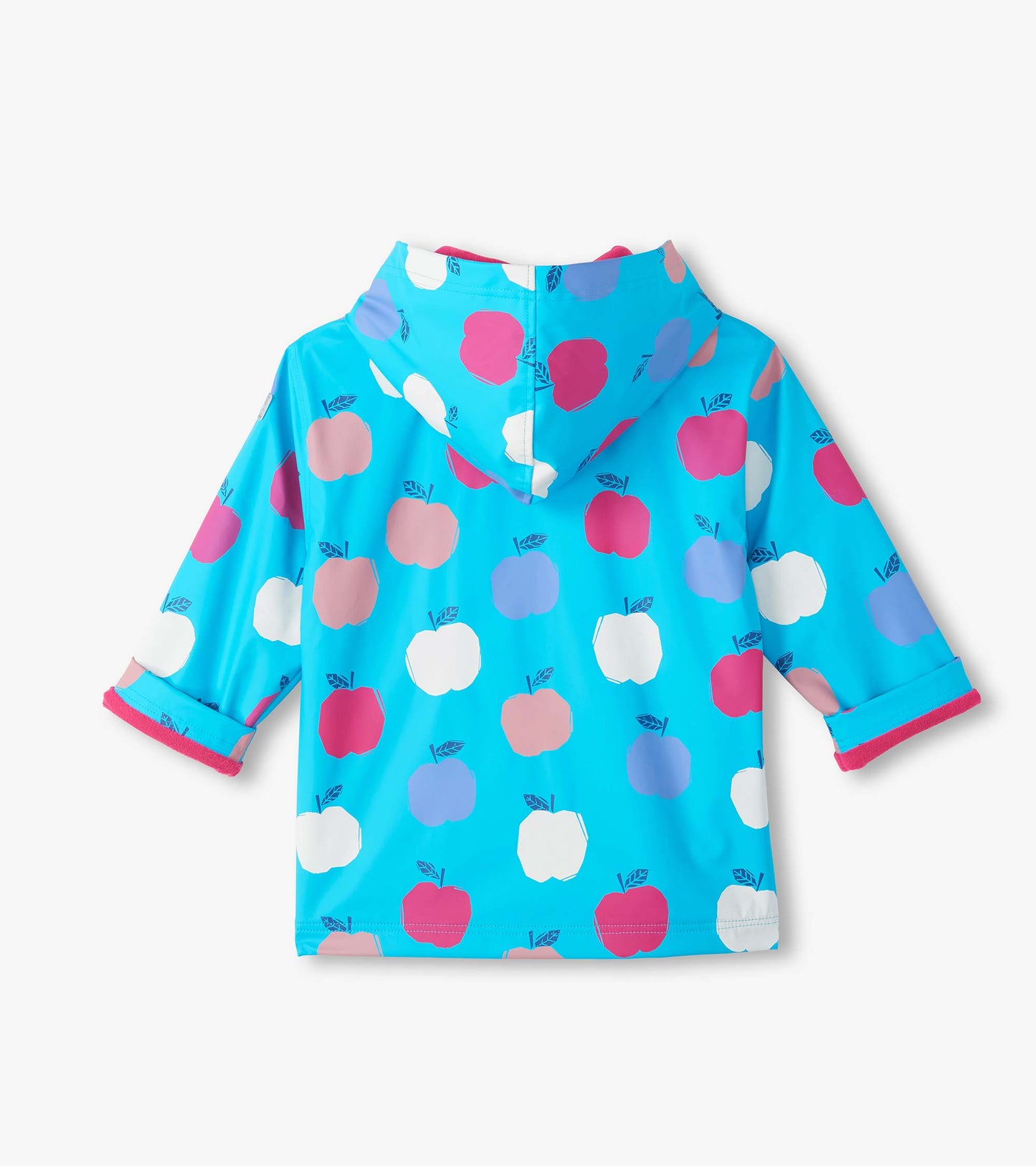 Back view of kids blue hooded rain coat with white, pink, and lavender apple print