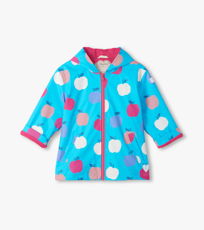 Front view of kids rain coat in bright blue with pink zipper and white, pink, and lavender apple print