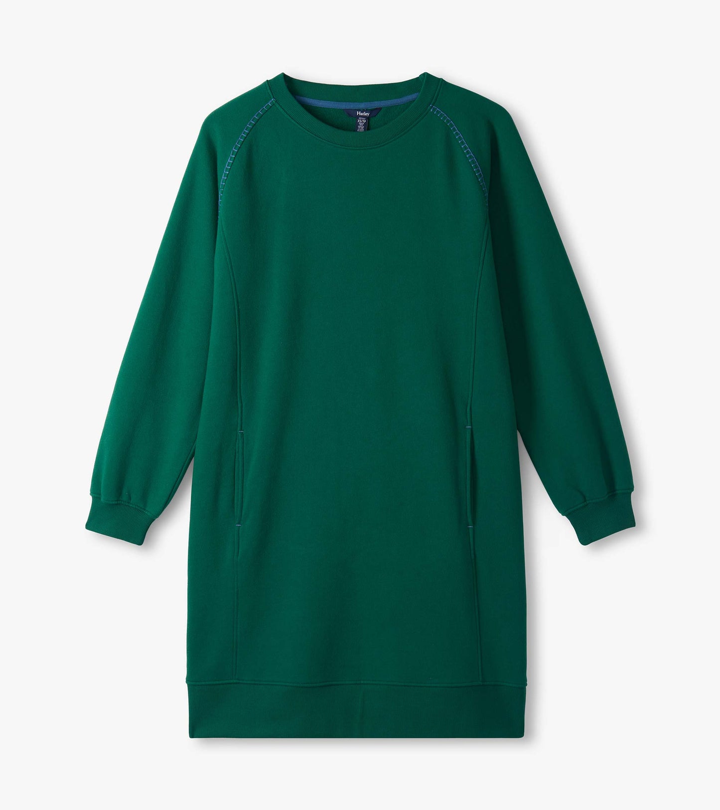 Aventurine green dress flat lay with crew neck, long sleeves, contrast stitching and ribbed hem