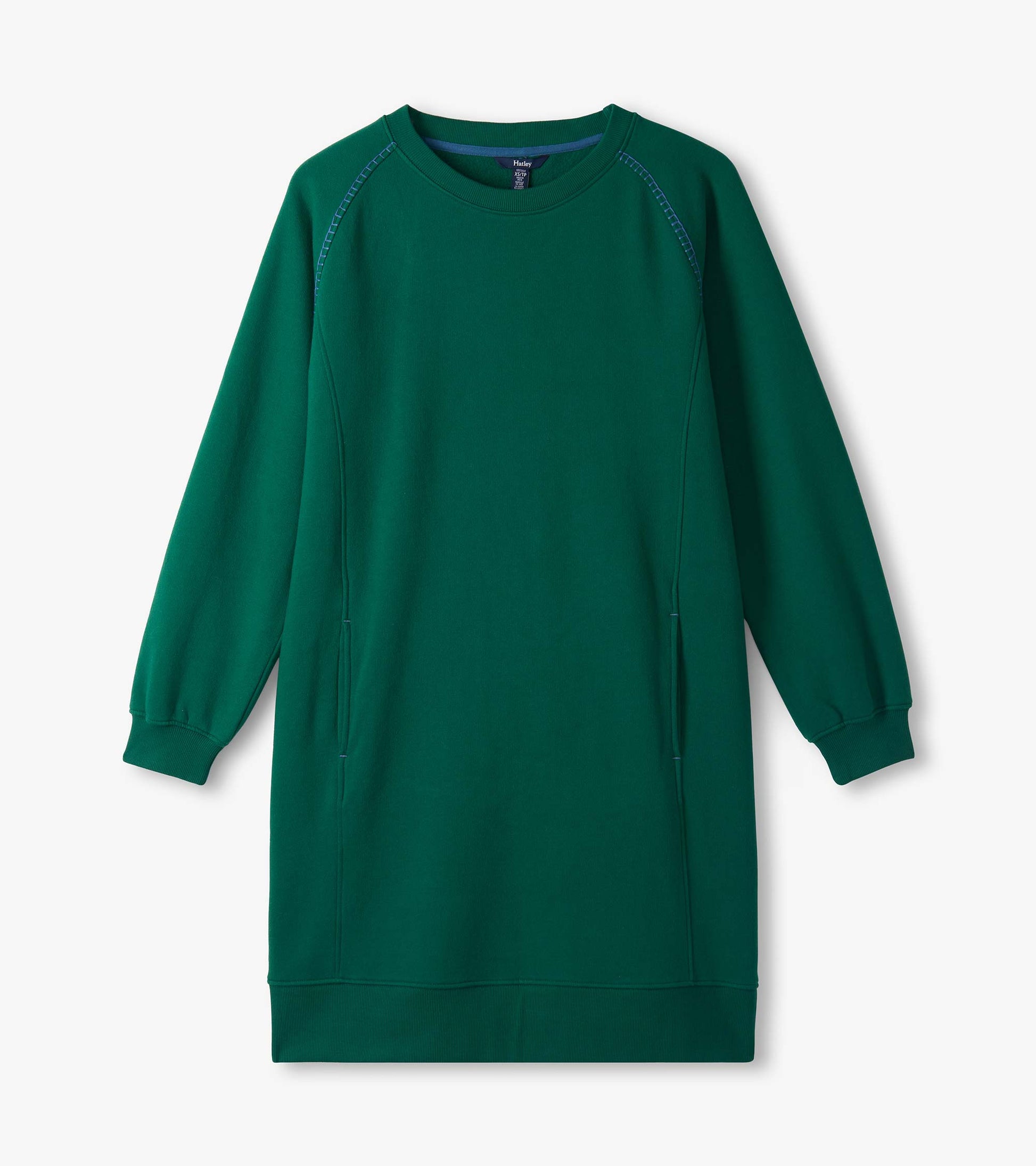 Aventurine green dress flat lay with crew neck, long sleeves, contrast stitching and ribbed hem