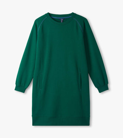 Aventurine green dress flat lay with crew neck, long sleeves, contrast stitching and ribbed hem