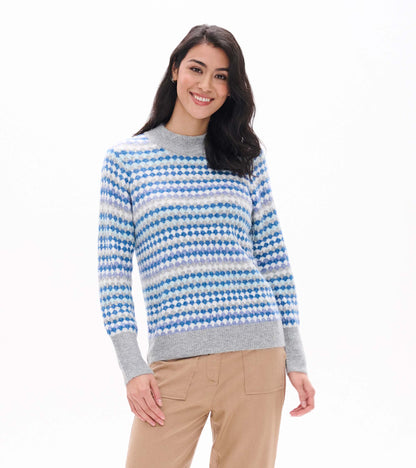 Front view of blue ombre sweater with gray mock neck, cuffs, and hem