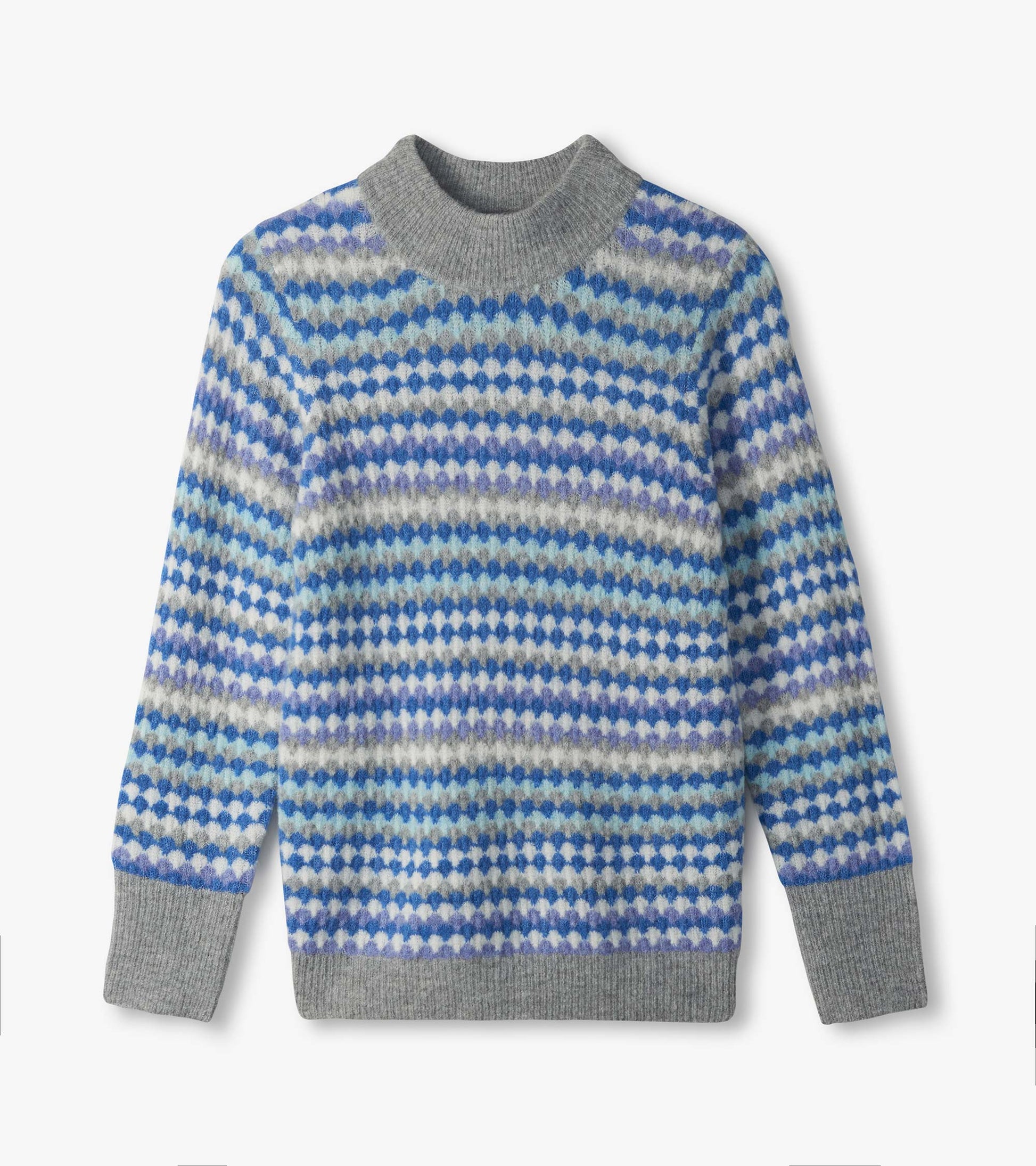 Blue ombre sweater laid flat with gray mock neck and ribbed cuffs and hem