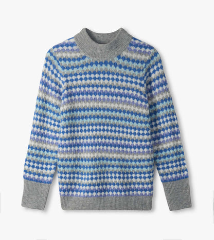Blue ombre sweater laid flat with gray mock neck and ribbed cuffs and hem