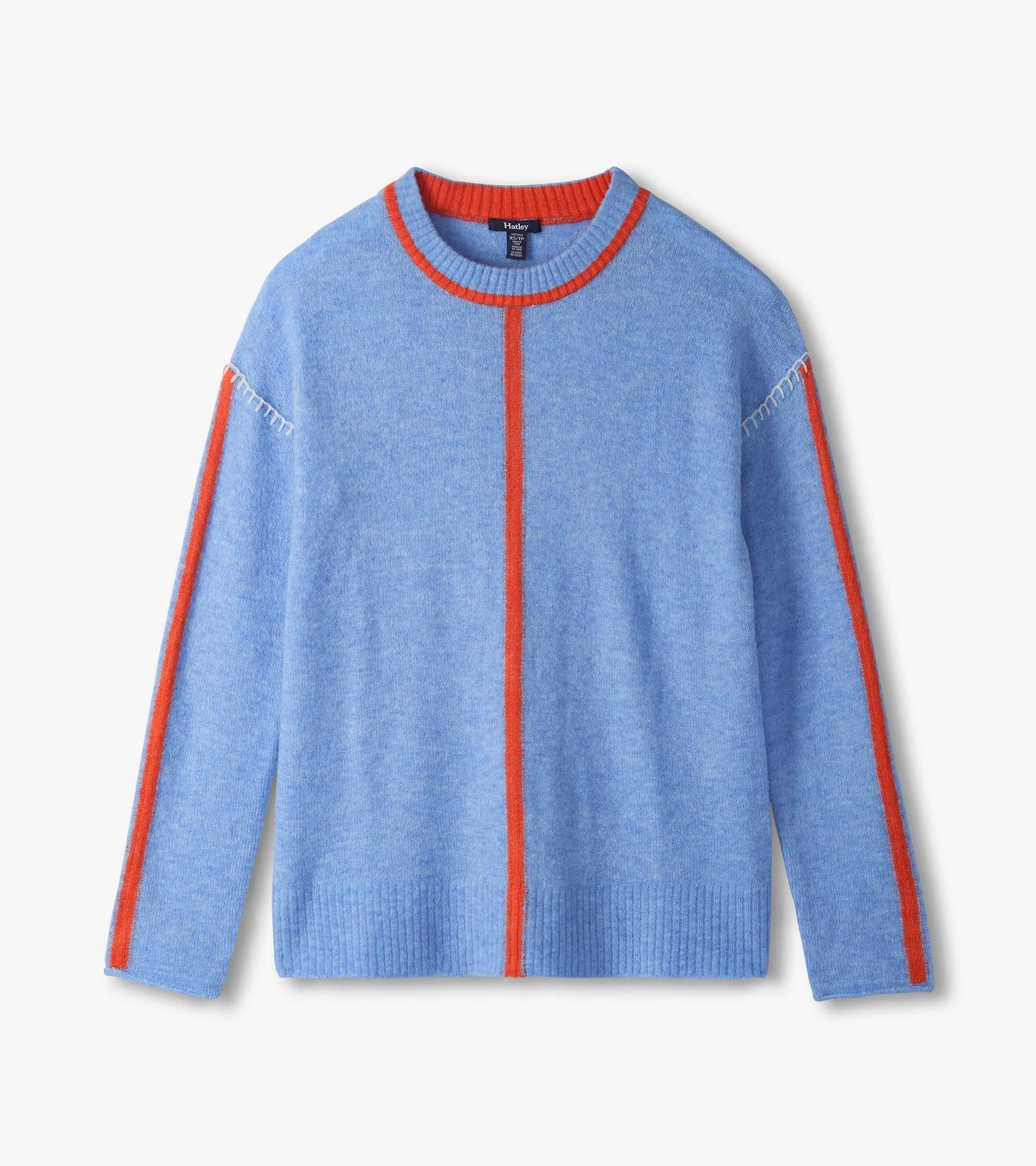 Maeve sweater laid flat in azure blue with orange center seam, orange sleeve stripes, and white shoulder stitching