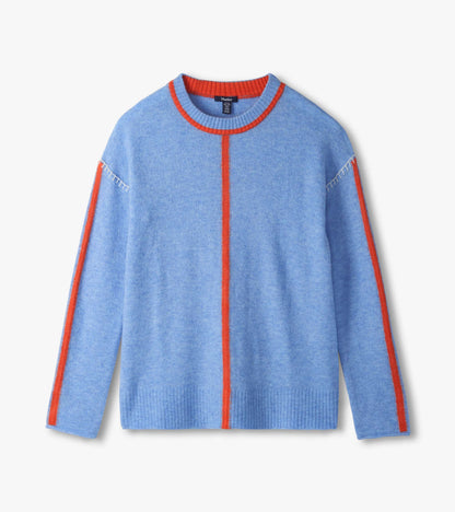Maeve sweater laid flat in azure blue with orange center seam, orange sleeve stripes, and white shoulder stitching
