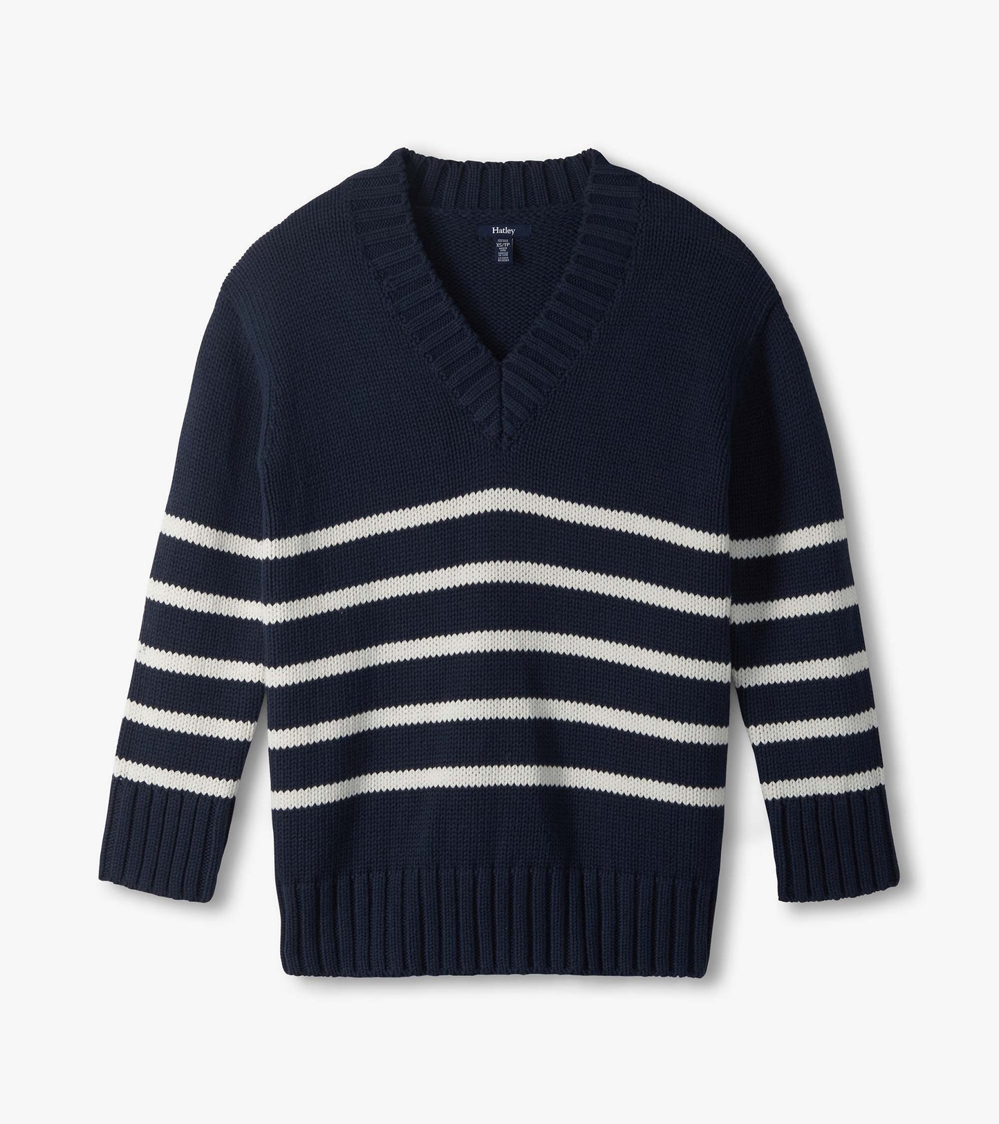 Flat lay of navy V-neck sweater with cream horizontal stripes and ribbed trim