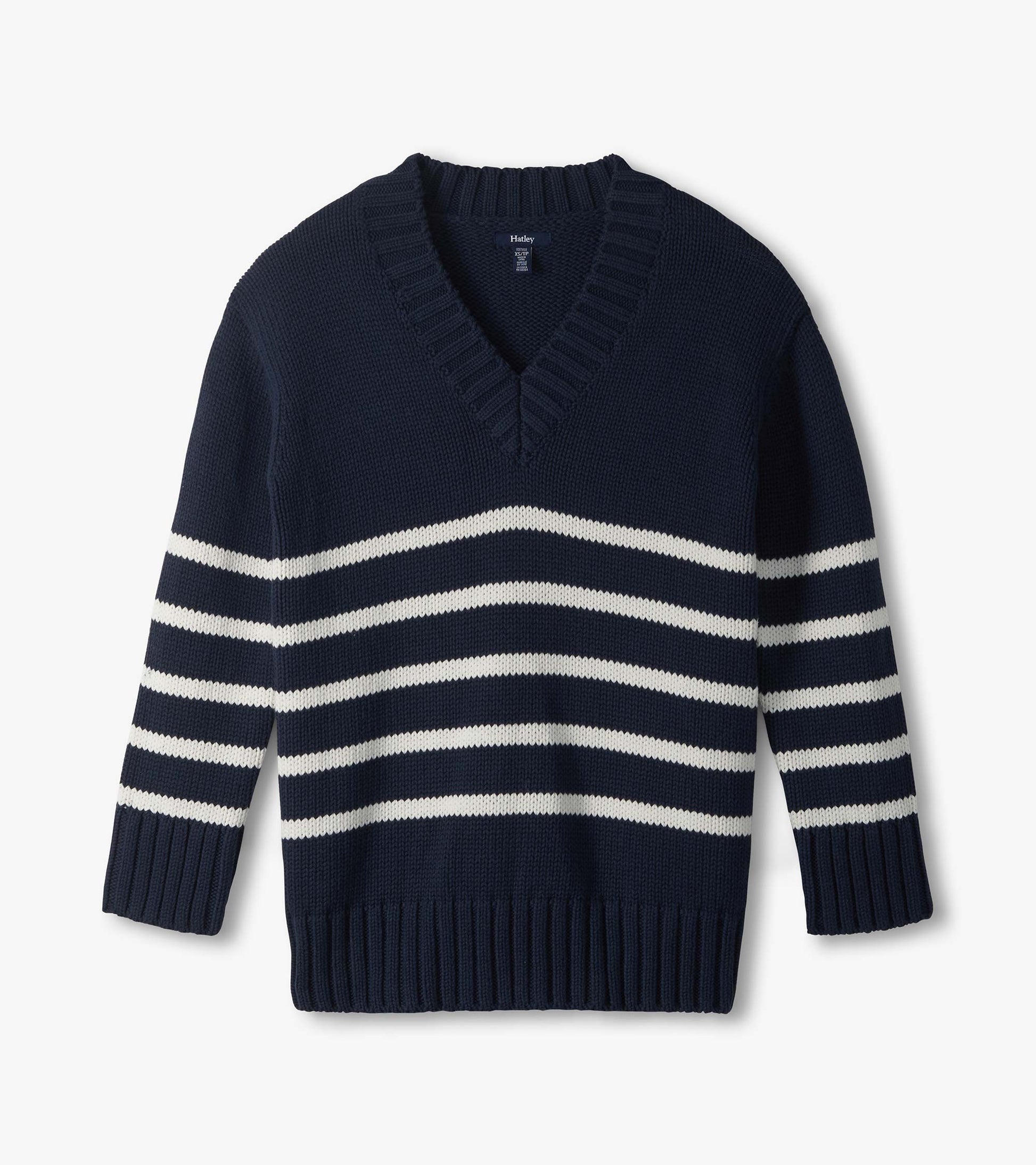 Flat lay of navy V-neck sweater with cream horizontal stripes and ribbed trim