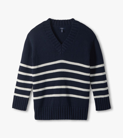 Flat lay of navy V-neck sweater with cream horizontal stripes and ribbed trim