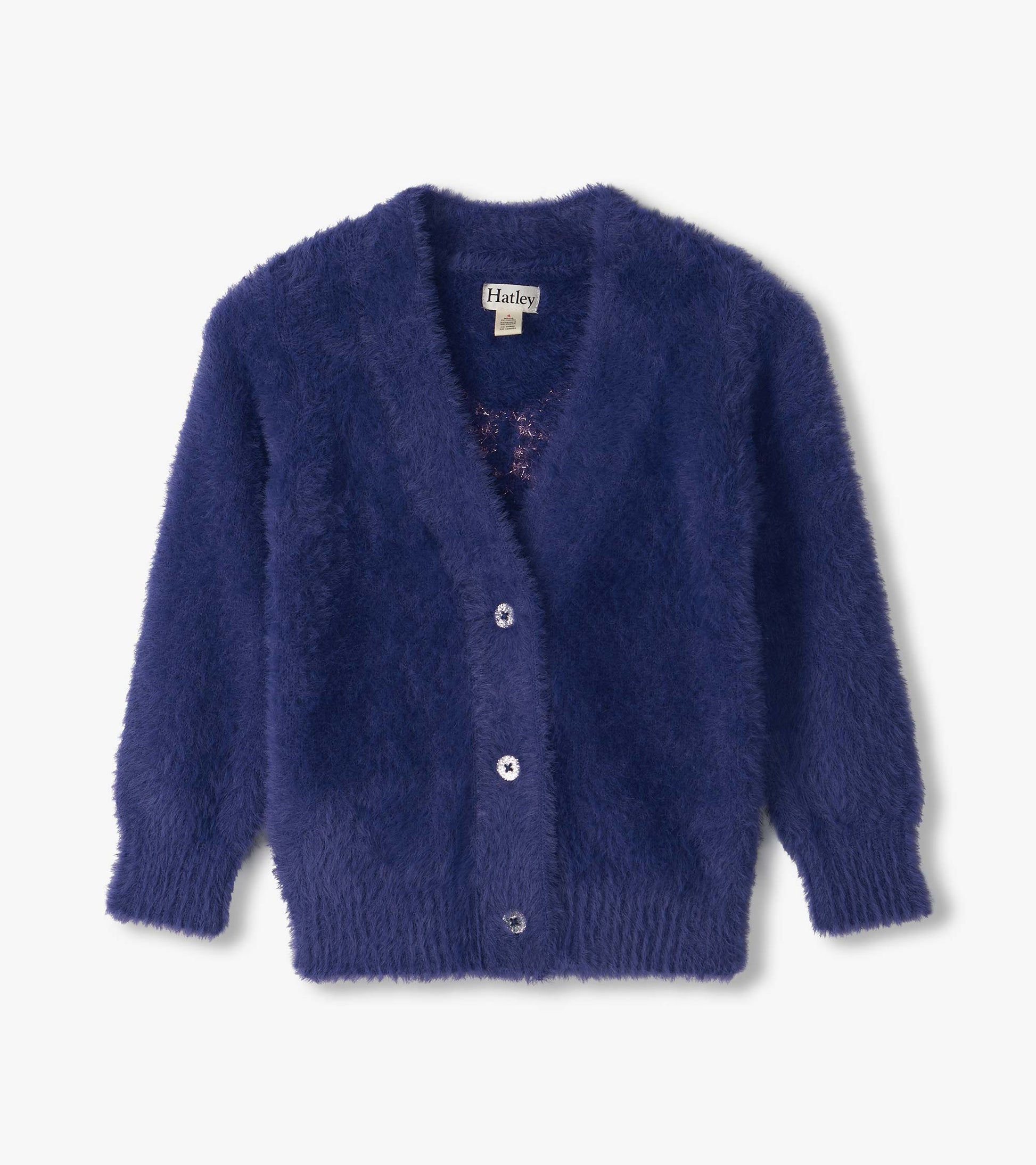 Front view of fuzzy blue cardigan with button front and visible Hatley label