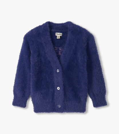 Front view of fuzzy blue cardigan with button front and visible Hatley label