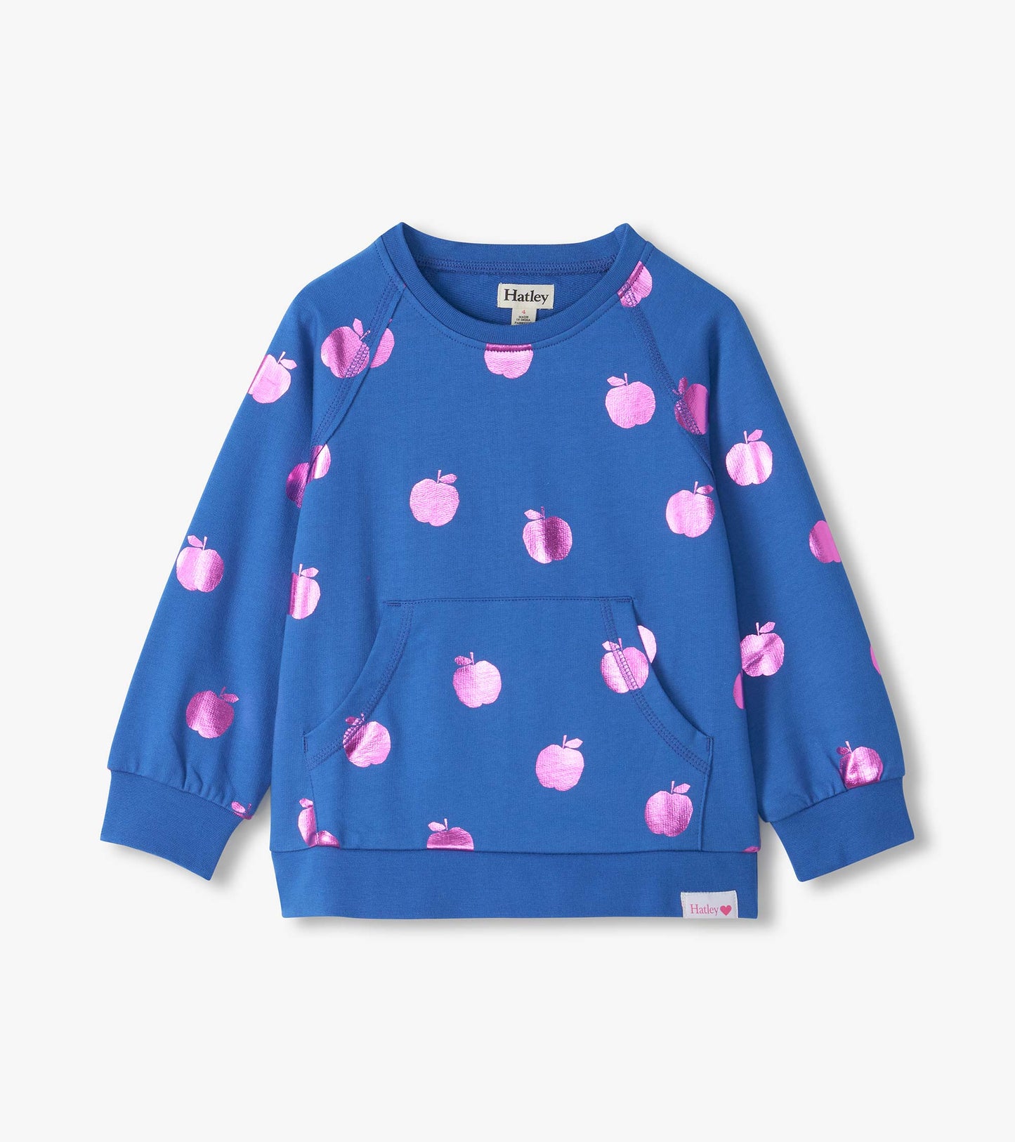 Blue girls pullover with pink foil apple print, crew neck, long sleeves, and front kangaroo pocket