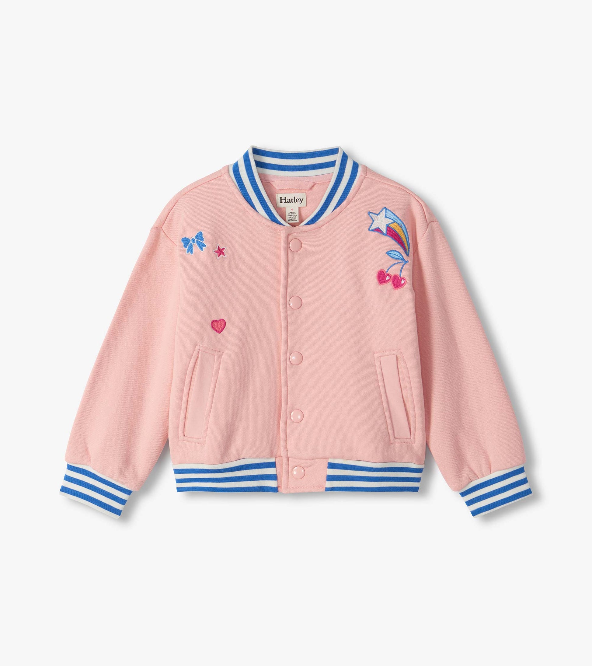 Pink varsity bomber jacket with blue and white striped trim, snap front, and star, bow, cherry, and heart patches