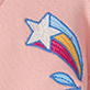 View Girls Blossom Varsity Bomber Jacket Pink swatch with white and blue star, rainbow, and blue floral stem