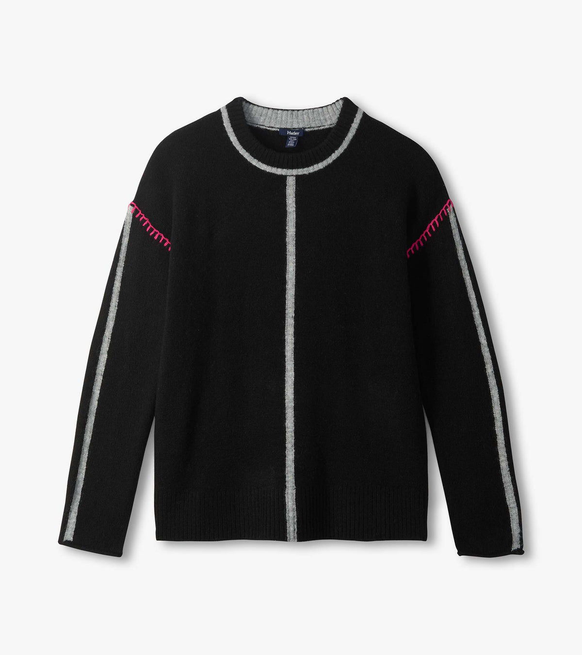 Black Maeve sweater laid flat with grey center and sleeve stripes and pink shoulder stitching