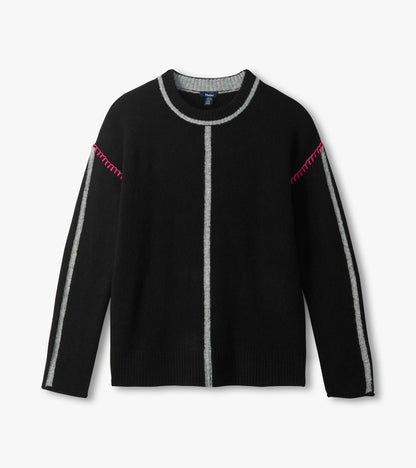 Black Maeve sweater laid flat with grey center and sleeve stripes and pink shoulder stitching