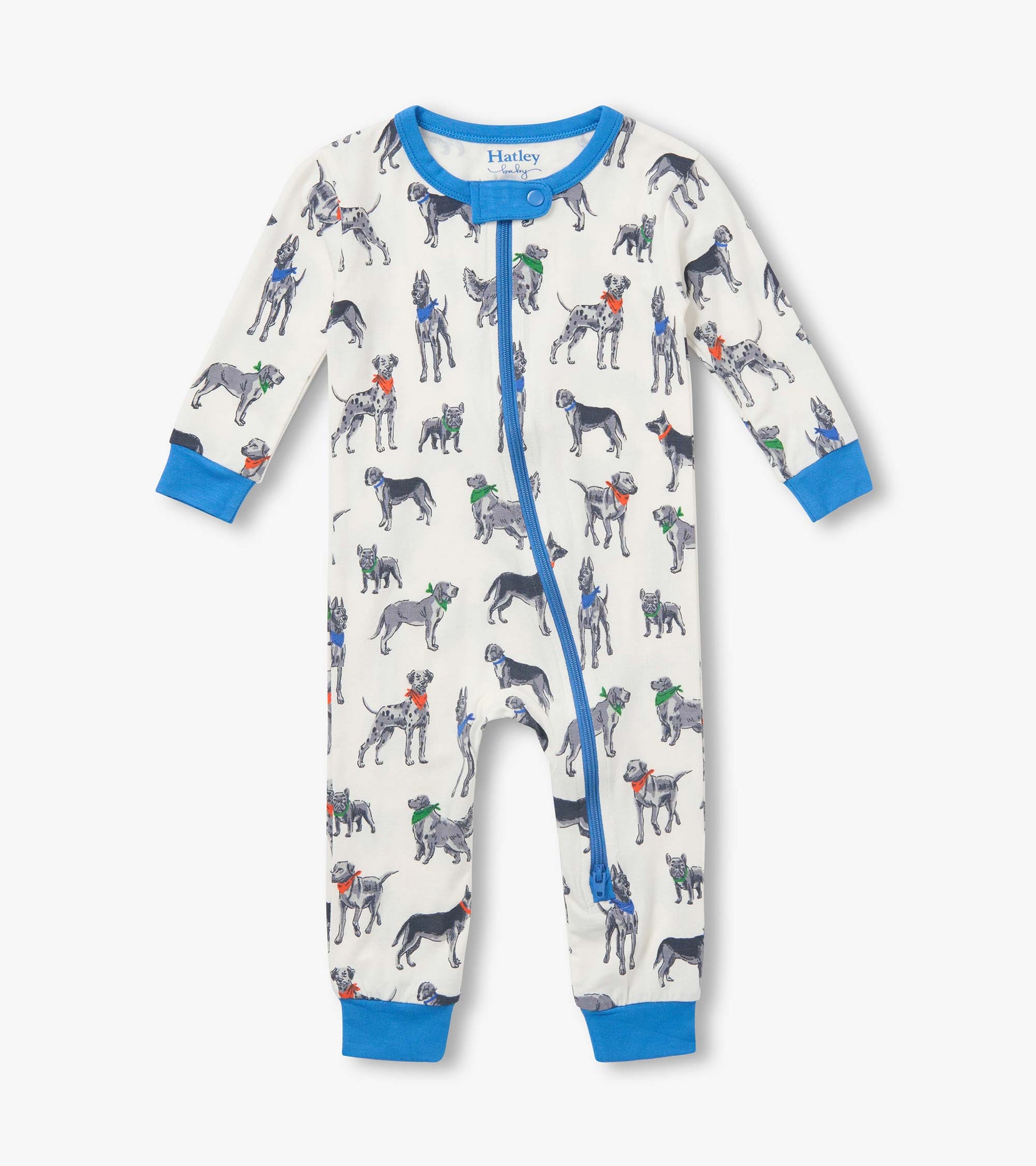 Front view of infant coverall with dog print, blue trim, fold-over zipper tab, and blue cuffs