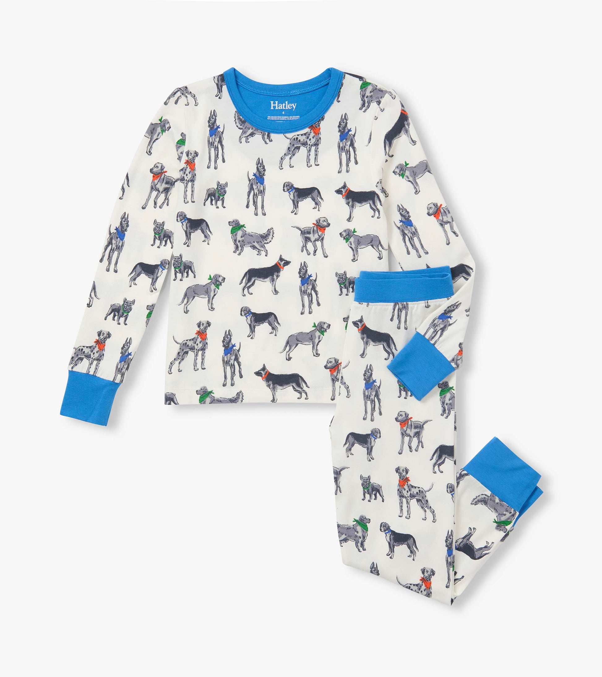 Kids pajama set with dog print, blue crewneck and cuffs, and matching pants with blue waistband