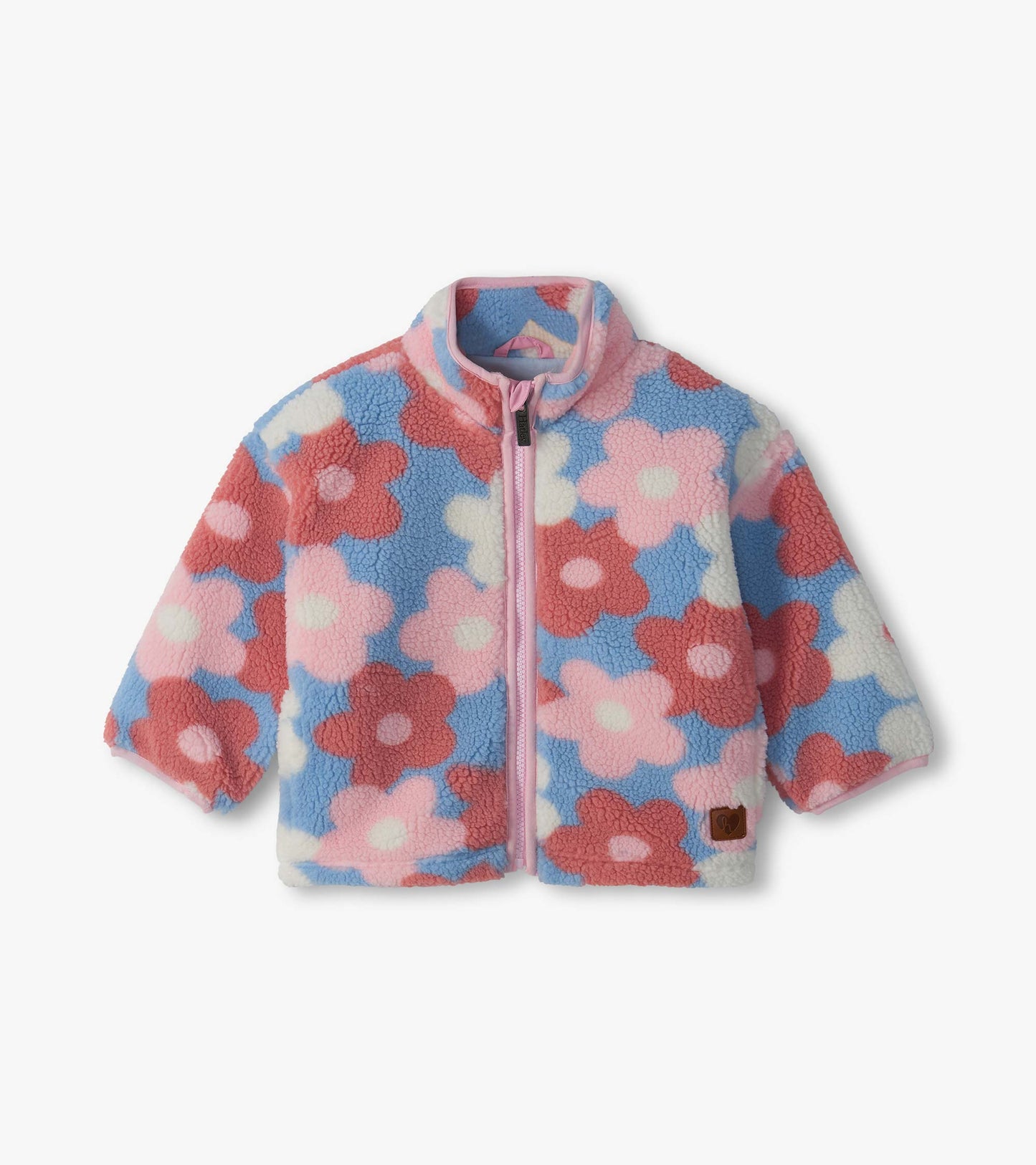 Infant mock neck zip jacket with pink, blue, cream, and red flower print
