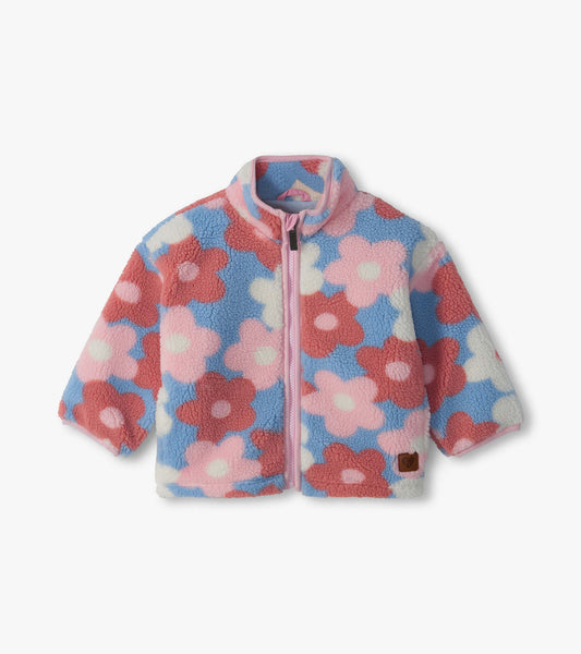 Infant mock neck zip jacket with pink, blue, cream, and red flower print