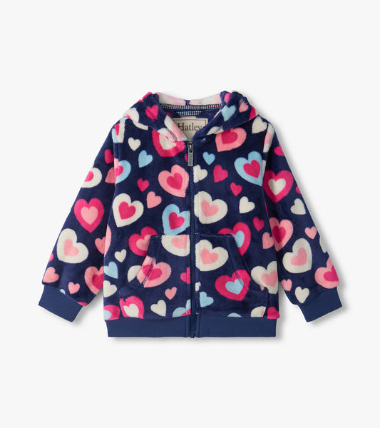 Kids zip-up hoodie in navy with pink, white, and light blue heart print, hood, front pockets, and ribbed cuffs