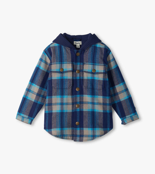 Front view of blue plaid woven hoodie shirt with navy hood, snap front, and two chest pockets