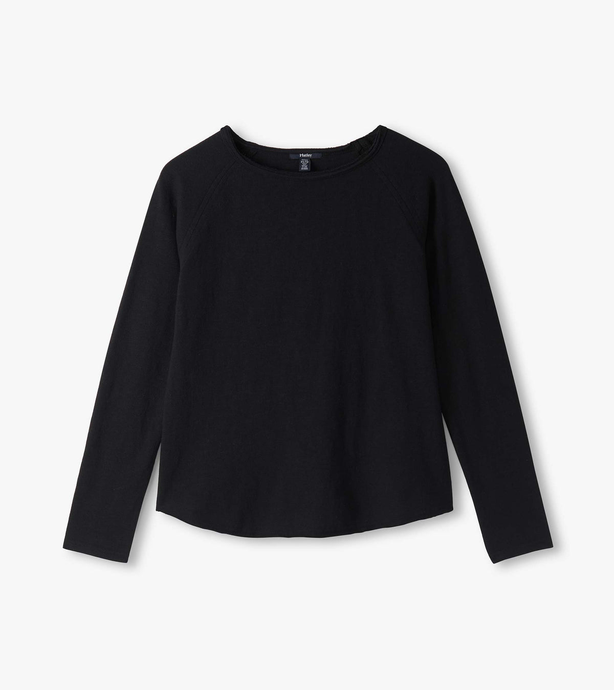 Black long sleeve raglan tee laid flat, front view with curved hem and wide neckline